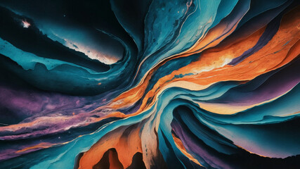 The canvas is a vibrant tapestry of blues, purples, and oranges, swirling together to create a cosmic texture.