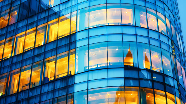 A curved glass skyscraper office building at night