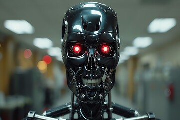 Close-up of a robotic head with red eyes, showcasing advanced technology.