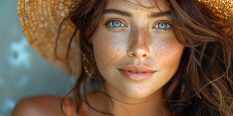 Beautiful freckled woman with blue eyes wearing a straw hat, enjoying a sunny day