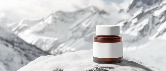 A brown glass jar with a white label placed outdoors on snowy mountains, conveying natural and pure product essence.