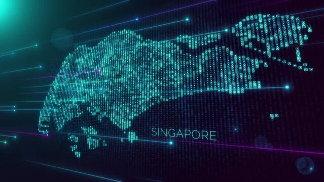 Abstract Futuristic Motion View Blue Violet Shiny Perspective Square Hud Particles Mosaic Grid And Text Of Singapore Region Map With Dotted Lines Light Flare, Seamless Loop