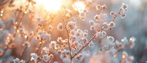 A dreamy sunrise through delicate white flowers covered in frost, capturing the serene beauty of a winter morning.