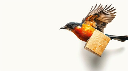 A colorful bird in flight carrying a small package on a white background, symbolizing fast delivery and nature's efficiency.