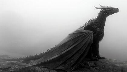 Black dragon perched on a rock in a misty landscape.