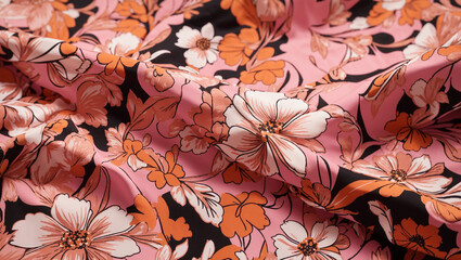 A pink floral pattern fabric with orange, white, and black flowers and green leaves.

