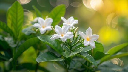 Fototapeta premium Bunch of white jasmine flowers on a green branch