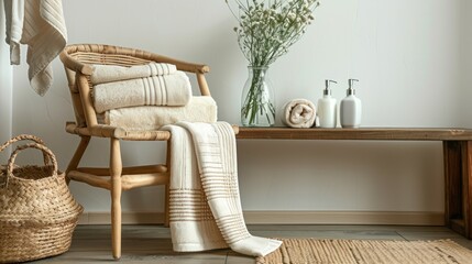 bathroom interior with soft plaid over comfortable chair