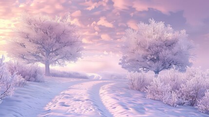 The calm winter scene features two snow-covered trees against a pink sky, with a path winding through the snow