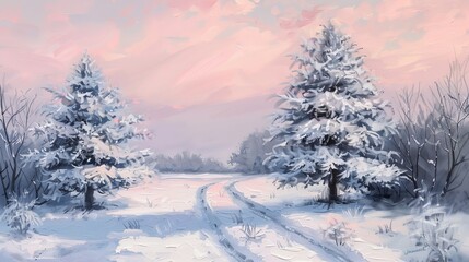 The calm winter scene features two snow-covered trees against a pink sky, with a path winding through the snow