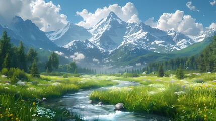 A peaceful green meadow with a winding river flowing through it, surrounded by towering trees and distant mountains
