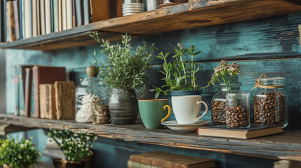 Close-up of a wooden shelf with decorative elements: books, plants, cups, and jars of coffee beans