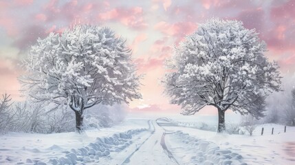 This peaceful winter scene showcases two snow-covered trees against a backdrop of a pink sky, with a path leading gently through the pristine snow.