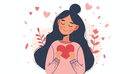 Happy woman holding heart shape valentine card. Loving