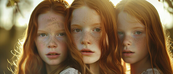Obraz premium Three red-haired siblings share a moment in golden sunlight.