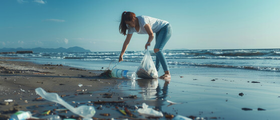 Volunteer cleans up beach pollution, showing environmental responsibility and care.