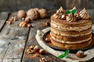 Fototapeta premium Hazelnut cake with chocolate topping on a wooden background.