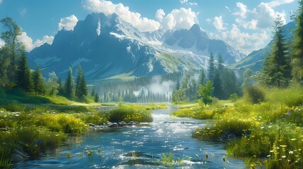 A peaceful green meadow with a winding river flowing through it, surrounded by towering trees and distant mountains