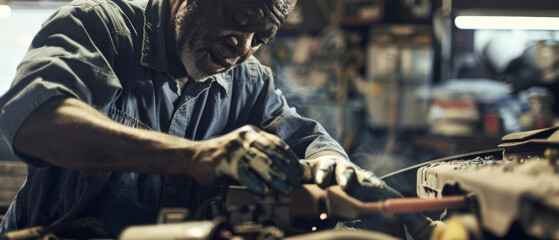 Craftsmen focus intently on his work, grinding metal in a workshop full of tangible skill and expertise.