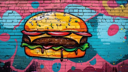Funky Pop Art Comic Street Graffiti Featuring a Hamburger on a Vibrant Brick Wall. Fantastic Background for Urban Art Enthusiasts.
