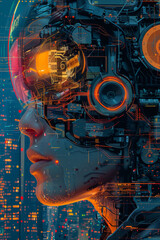 Side Profile of a High-Tech Female Cyborg with Neon Lights