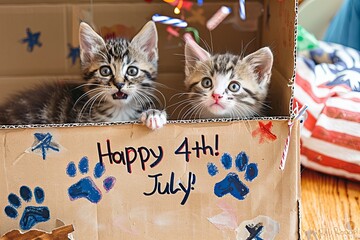 Cat illustration Independence Day: Two curious kittens peek out from behind a cardboard box decorated with paw prints and the words "Happy 4th of July!"