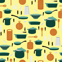Vector - kitchen utensiles seamless pattern, with wooden cutting boards.