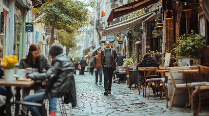 Wide shot of a street scene with a café, people walking by, and customers sitting outside