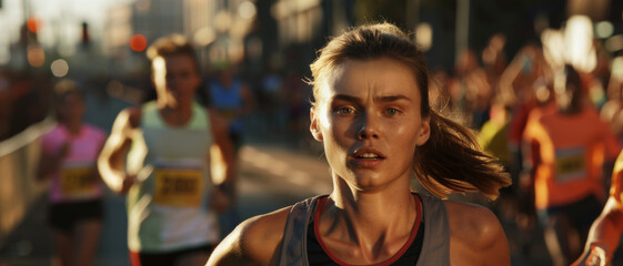 Focused runner leading in a golden-hour marathon race.