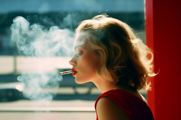 Fototapeta premium Dangers from watching cigarettes woman smoking The number of smokers is increasing. Conceptual photograph, Color film