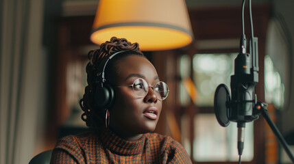 a real-life glimpse into a live-streamed podcast session, featuring a black female interviewer engaging with a guest.