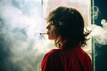 Dangers from watching cigarettes woman smoking The number of smokers is increasing. Conceptual photograph, Color film