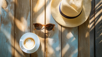 Top-down view of a sunlit table with a cup of coffee, sunglasses, and a hat
