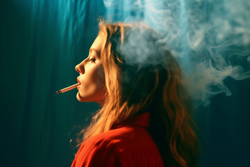 Obraz premium Dangers from watching cigarettes woman smoking The number of smokers is increasing. Conceptual photograph, Color film