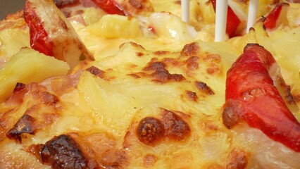 Dive into a pizza adventure with cheese, pineapple, and crab sticks, a tantalizing fusion of...