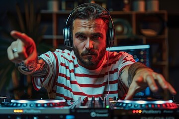 A man with tattoos on his arm is playing a DJ set