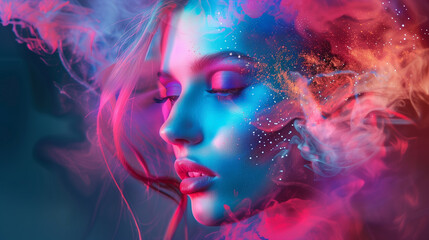 beautiful fantasy abstract portrait of a beautiful woman double exposure with a colorful digital paint splash or space nebula.