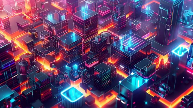 A vibrant digital cityscape with blockchain nodes creating a secure, tamper-proof network, with transparent transactions and data blocks visually represented