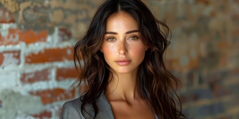 Obraz premium A woman with long hair poses confidently against a brick wall in a rustic setting, exuding glamour