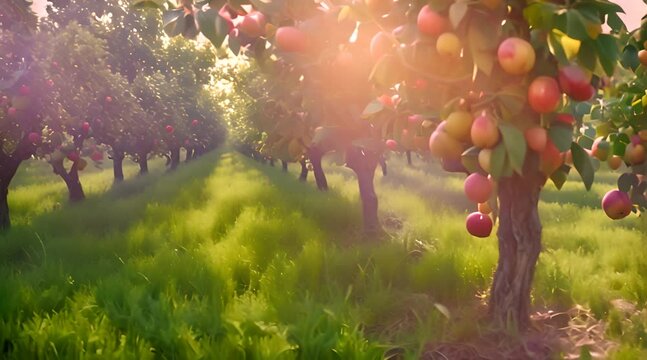 Rows of apple trees in an orchard with ripe apples and lush green grass at sunset.