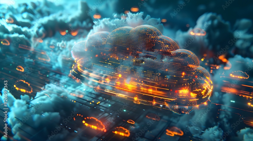 Poster a massive cloud infrastructure with floating data servers, enveloped in a protective digital aura, s