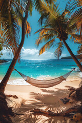 Hammock between palm trees on a tropical beach for a relaxed summer vibe.