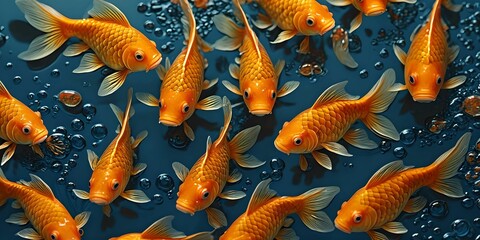 wallpaper representing a pattern of goldfish, in relief, on a blue background.