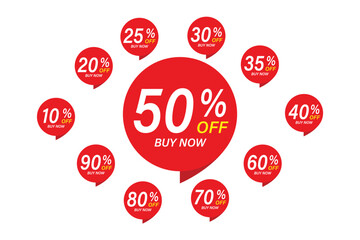 Different percent discount sticker set. Sale tag speech bubble red shape promote buy now 10, 20, 25, 30, 35, 40, 50, 60, 70, 80 and 90 discount price tag set isolated on white background vector.