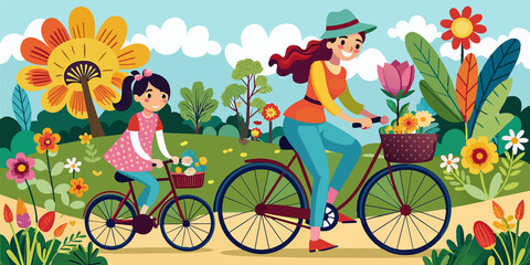 Fototapeta premium A mother and daughter enjoy a bike ride through a scenic park filled with colorful flowers and greenery. The vibrant illustration captures the joy of outdoor activities and family bonding.