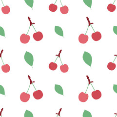 Seamless pattern of cherry berries and leaves. Abstract fruit repeating pattern. Vector illustration.