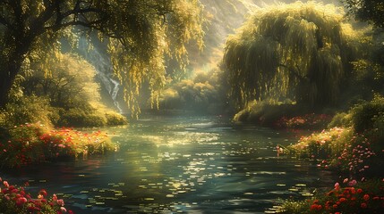 A peaceful riverside scene with a meandering green river, lined with willow trees and framed by colorful blooming flowers