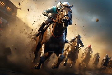 Racing horses in the arena at sunset. Race horses in the arena.