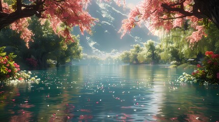 A peaceful riverside scene with a meandering green river, lined with willow trees and framed by colorful blooming flowers