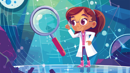 Kid scientist with giant magnifying glass. Girl resea